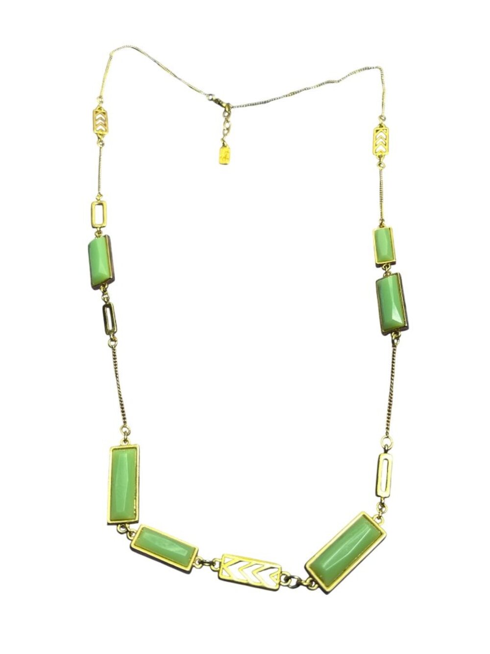 Foxy Made in Canada Goldtone Chain Necklace Green Plastic Rhinestone Stations
